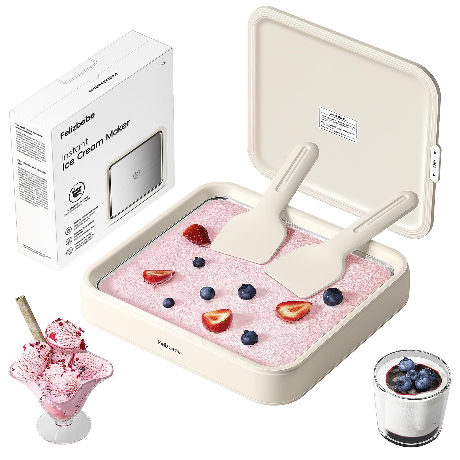 Rolled Ice Cream Maker, Felizbebe Instant Ice Cream Roller Maker Tray with Lid and 2 Spatulas, Food Grade SUS316 Stainless Steel Cool Plate for Fun Family Activities, DIY Parent-Child Time