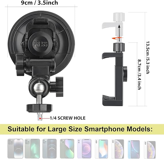 Heavy Duty 90mm Suction Cup + Adjustable Dual-Ball-Head Action Camera Dash Cam Phone Car Mount Windscreen Window Cockpit Holder for iPhone GoPro insta360 Video Recording (1.5kg Load)