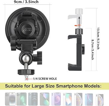 Heavy Duty 90mm Suction Cup + Adjustable Dual-Ball-Head Action Camera Dash Cam Phone Car Mount Windscreen Window Cockpit Holder for iPhone GoPro insta360 Video Recording (1.5kg Load)