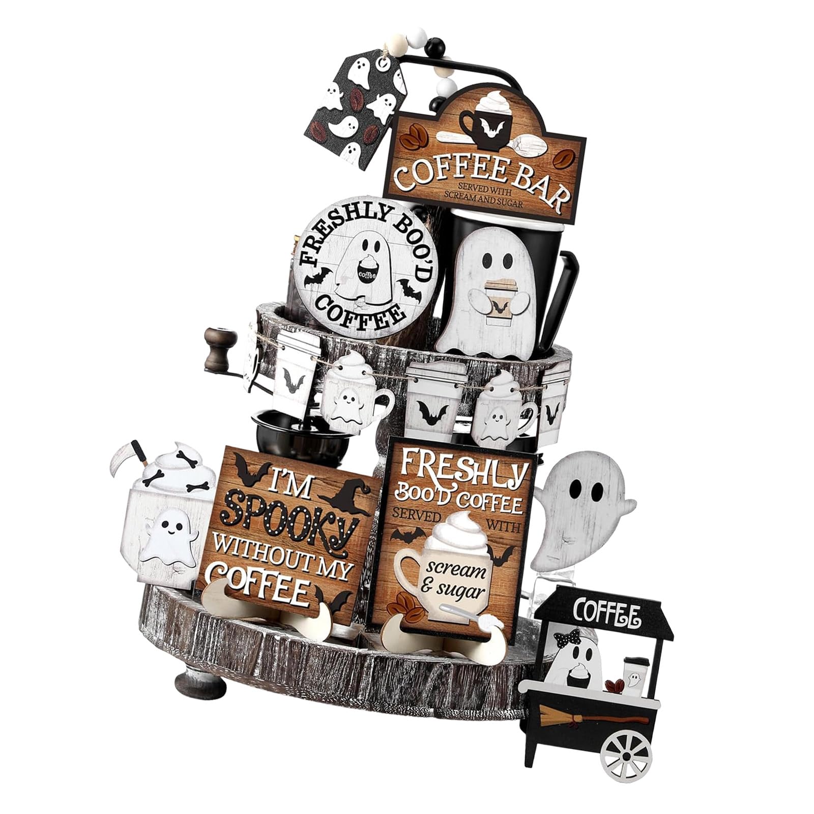 carotoe Bucolic Farmhouses Tiered Tray Decors Set 19PCS Halloween Specters Coffee Theme Wooden Ornament Bead Garlands Table Display Tiered Tray Accents Farmhouse Bucolic Tabletop Party