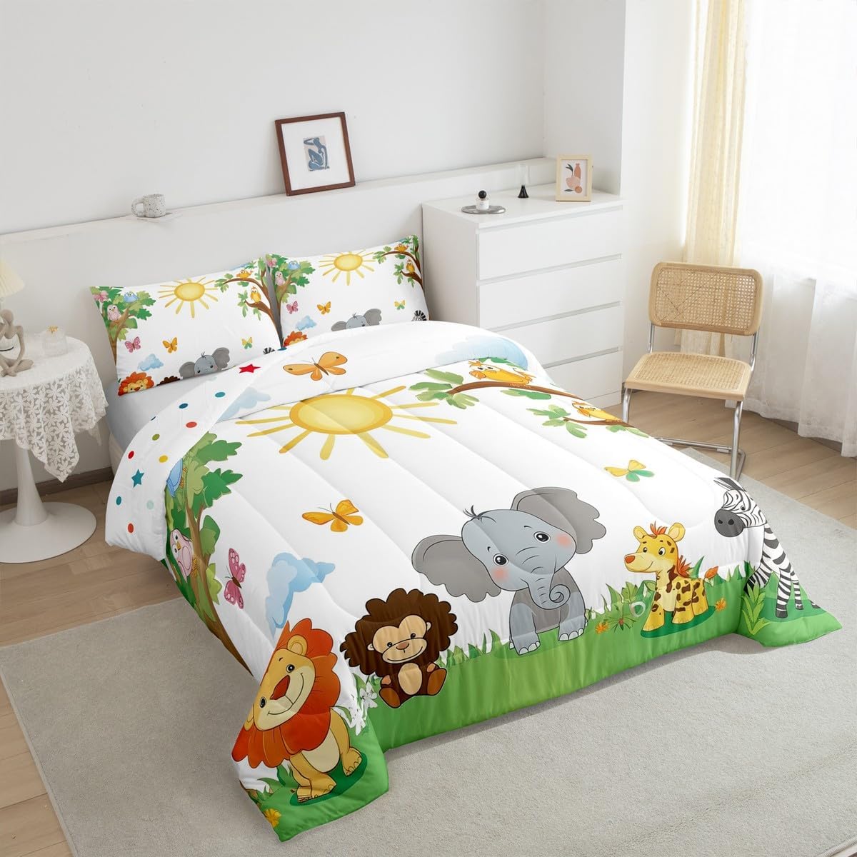 Erosebridal Cute Cartoon Animal Queen Comforter Set for Kids Boys Girls,Zoo Theme Bedding Set,Elephant Lion Giraffe Zebra Down Comforter Butterfly Bird Jungle Wildlife Bed Set