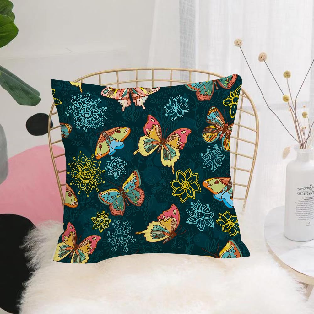 HYOSXW Cushion Cover,Throw Pillow Case Home Decorative for Living Room Bedroom Sofa Chair 16X16 Inch,Repeating pattern of butterflies and flowers in ethnic colors,Pillowcase 40X40cm