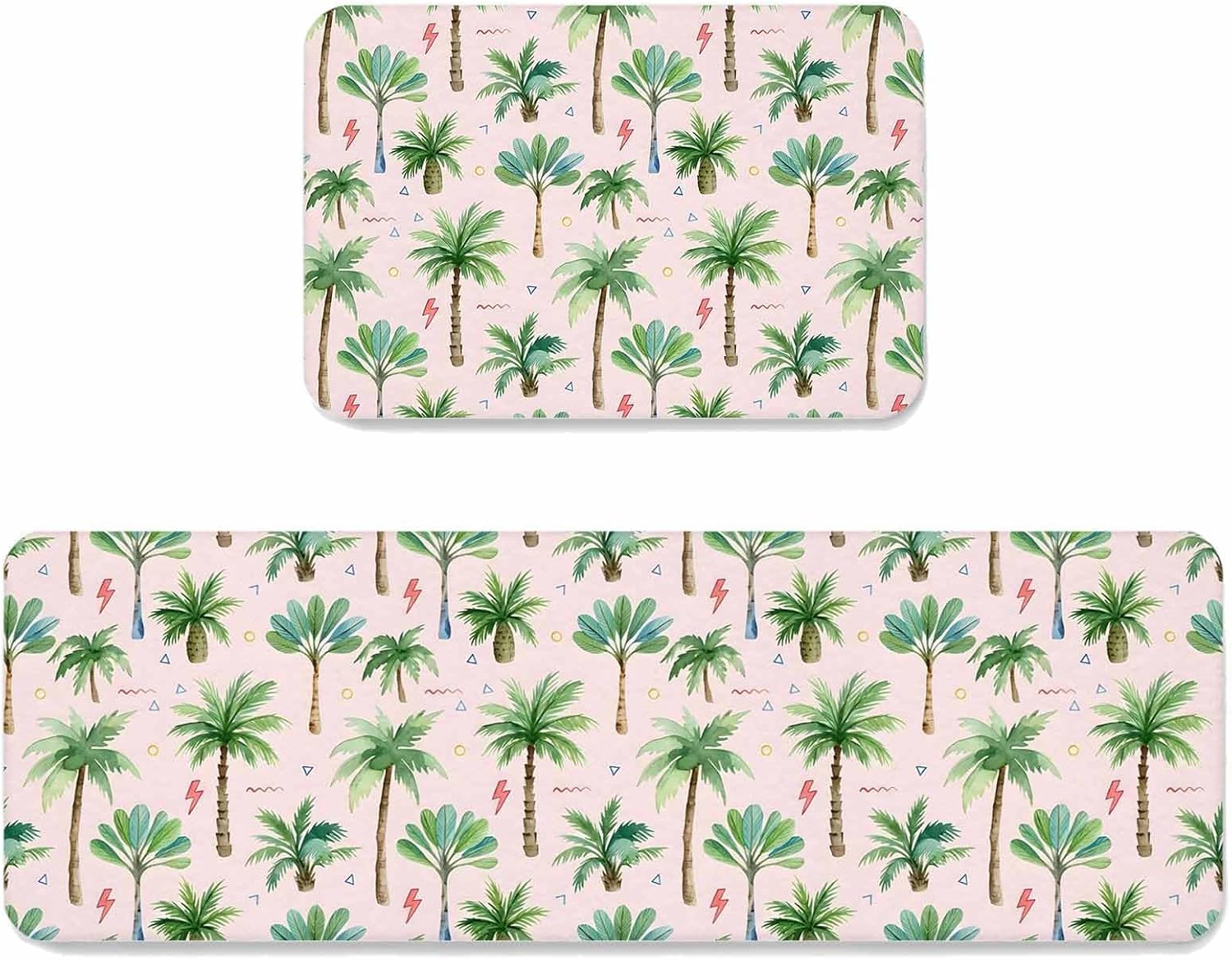 Prime Leader Tropical Palm Tree Kitchen Mat Set 2 Pieces Lightning Summer Forest Pink Boho Non Slip Kitchen Rugs Washable Runner Rug Mats for Floor Sink Laundry Office 23.6" x 35.4"+23.6" x 70.9"