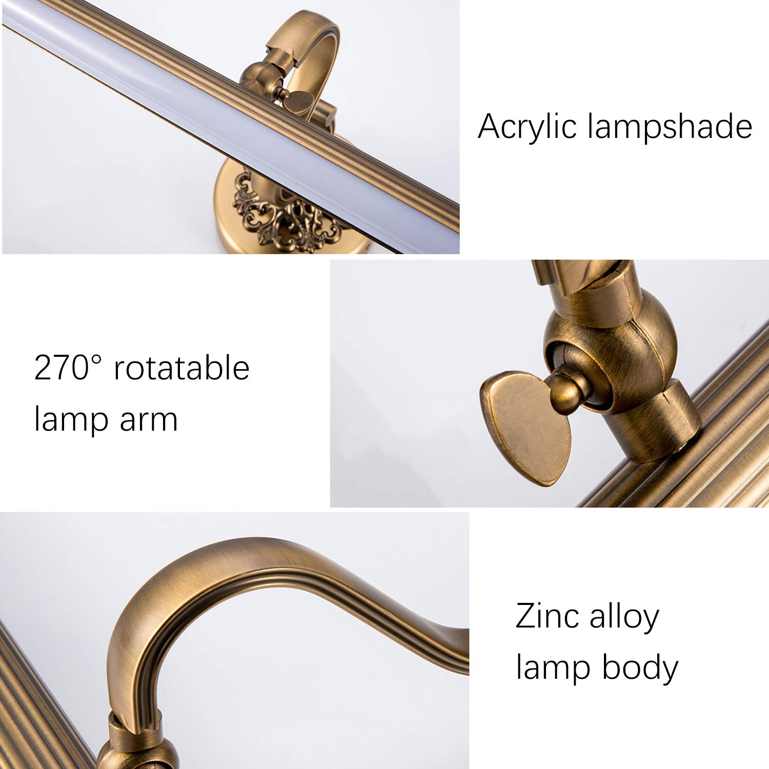 ACMHNC LED Badezimmer Spiegellampe Mit Schalter, Braune Bronze Vintage Spiegelleuchte Bad Mit Stecker Und Kabel, IP44 Badleuchte Schrankleuchte Einstellbarer Wandlampe 4000K Bilderleuchte,71cm/12w