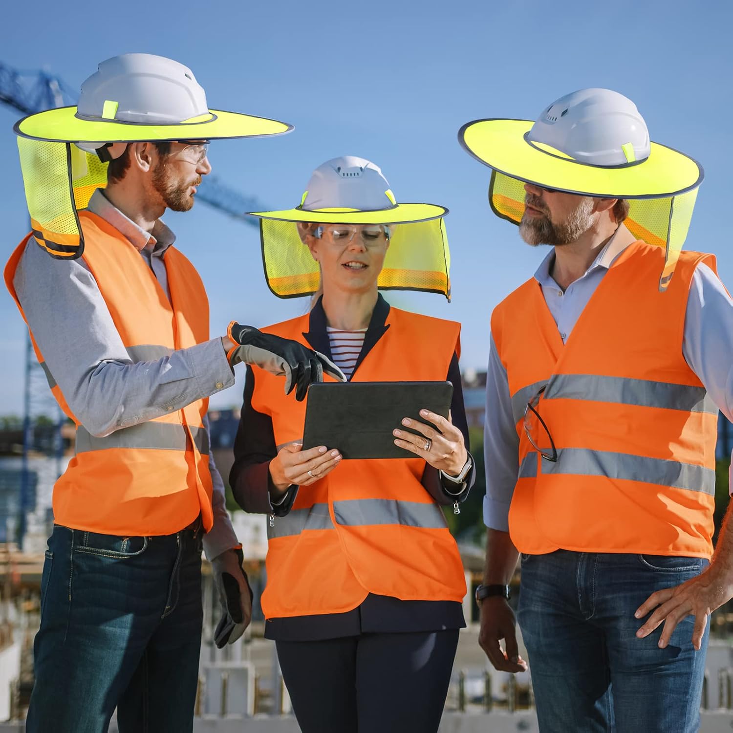20 Pack Hard Hat Sun Shade Full Brim Hard Hat Sun Shield High Visibility Hard Hat Visor with Reflective Strip for Hard Hat Accessories Construction Sites, Hard Hat Not Included Yellow Blue