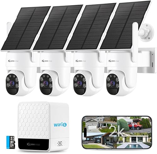 yeewise Cámaras de seguridad solares inalámbricas para exteriores, kit de 4 cámaras, sin suscripción, sistema de cámaras de seguridad para el hogar
