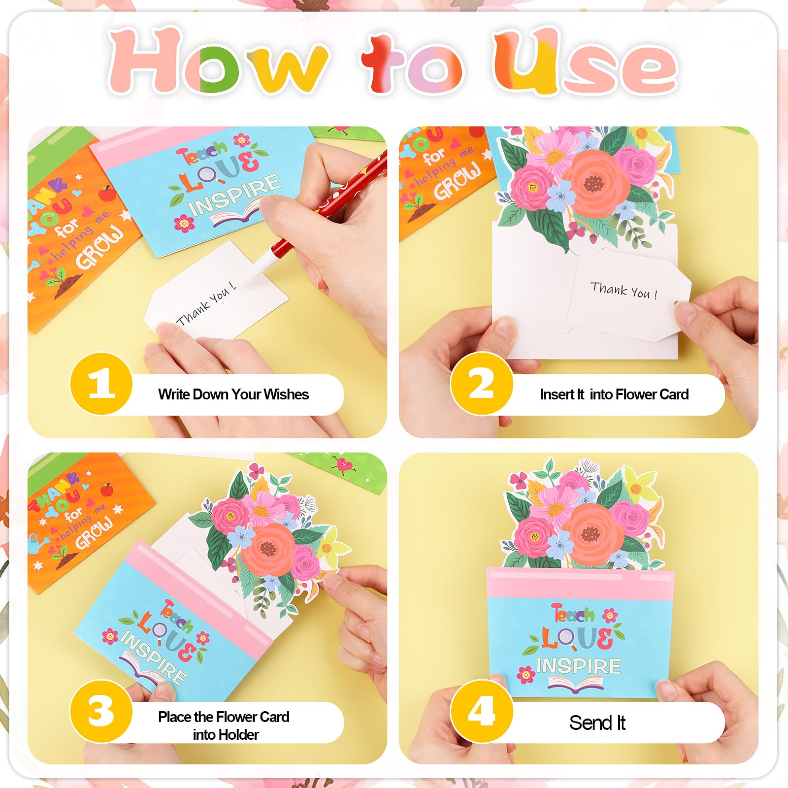 FOIMAS 24 Pack Teacher Appreciation Gift Card Holders Flower Teachers Gift Cards Money Holders Greeting Cards for End of School Year Graduation Teacher Appreciation Gift