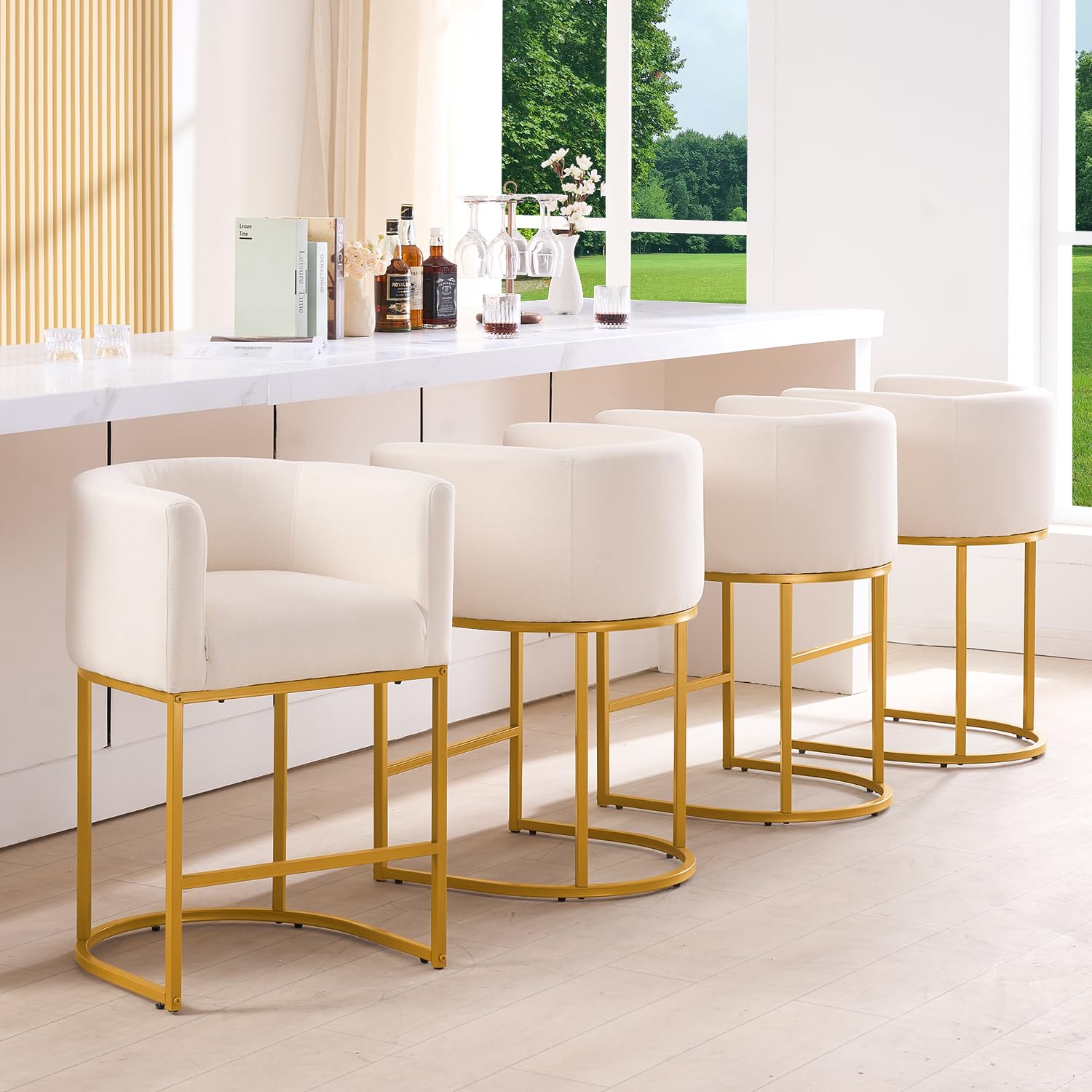 26" H Counter Height Bar Stools Set of 4, Modern Barrel Counter Stools with Backrest and Arms, Gold Metal Frames,Fabric Upholstered Accent Barstools for Kitchen Island, Beige Linen