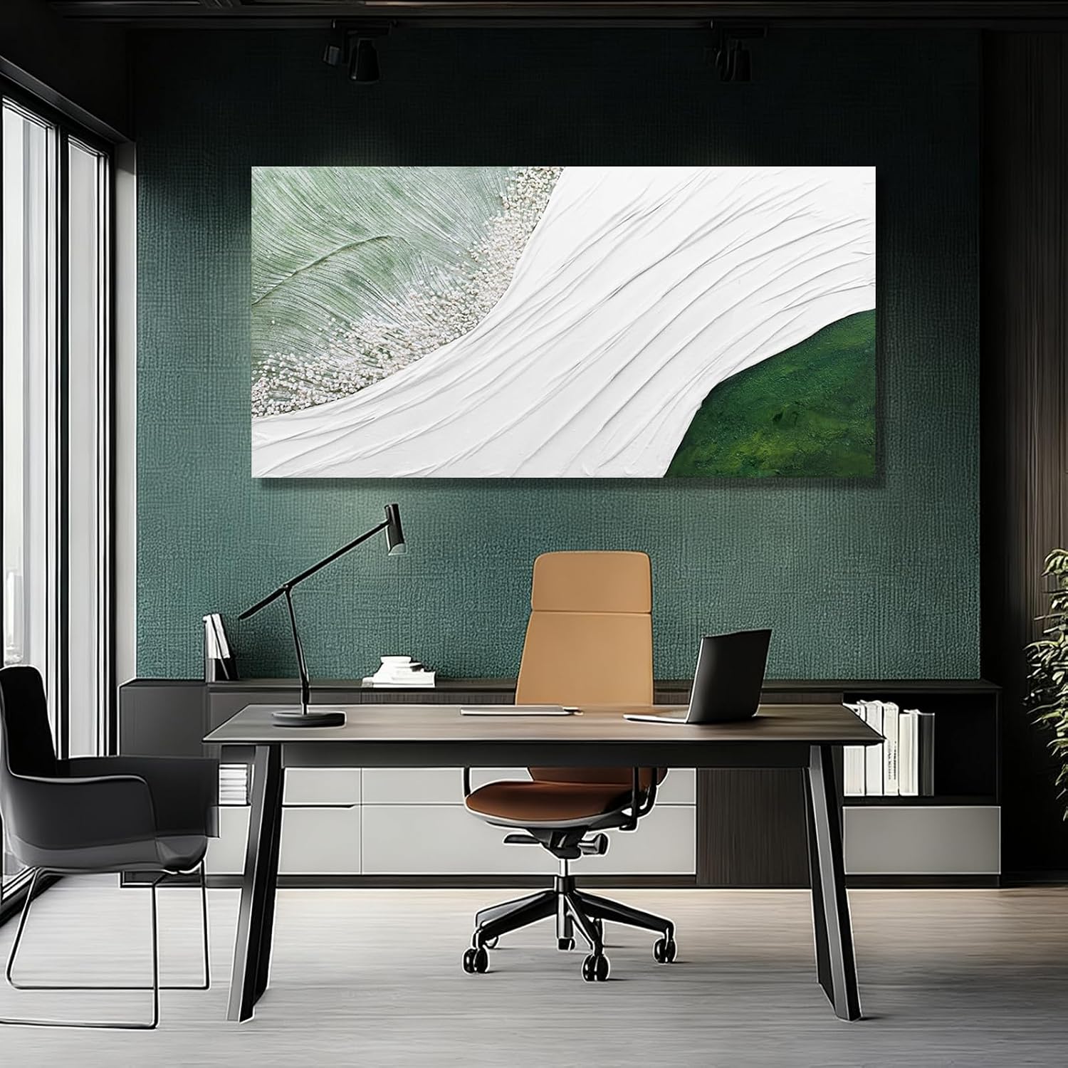 Hue7Art Modern Abstract Landscape Canvas Wall Art in White and Soft Green Tones, Flowing Line Texture Artwork Inspired by Nature for Living Room Bedroom Wall Decor 24x48 Inch