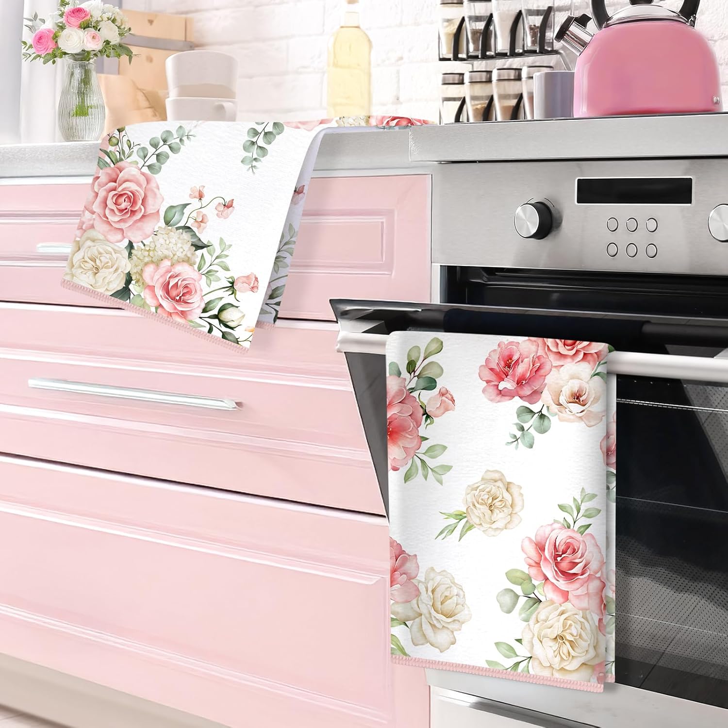 Pink Flower Microfiber Kitchen Towels, Soft Absorbent Watercolor Floral Hand Towel 15.7 × 23.6 Inch, Thick Dish Cloth for Party Anniversary Holiday Decoration Housewarming Gifts - Image 2