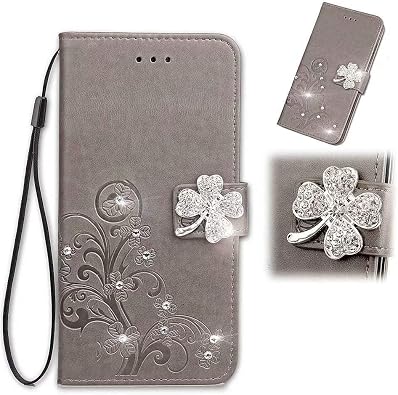 Kyocera Basio 4 KYV47 3D Bling Flower Wallet Case, WVYMX Flip Leaf Embossed PU Leather Kickstand with Card Slots Case Durable Shockproof Cover for Women/Men for Kyocera Basio 4 KYV47 & Lanyard Grey