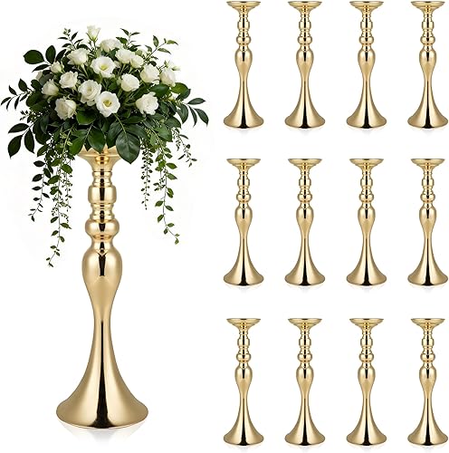 12 Pcs 15" Tall Centerpieces for Tables, Gold Flower Stand Centerpiece for Table Wedding Reception, Gold Trumpet Vases with Anti-Slip Pad for