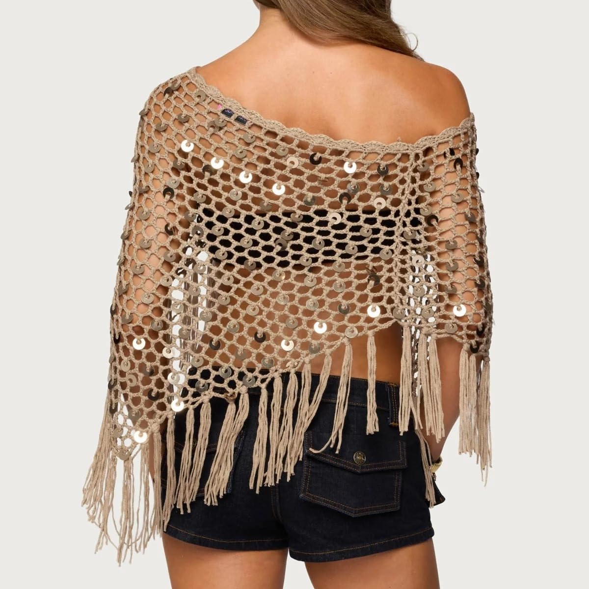 Elegante Poncho Estivo da Donna in Maglia Leggera E Ampia con Lustrini Bolero Asimmetrico Leggero E alla Moda con Nappe.