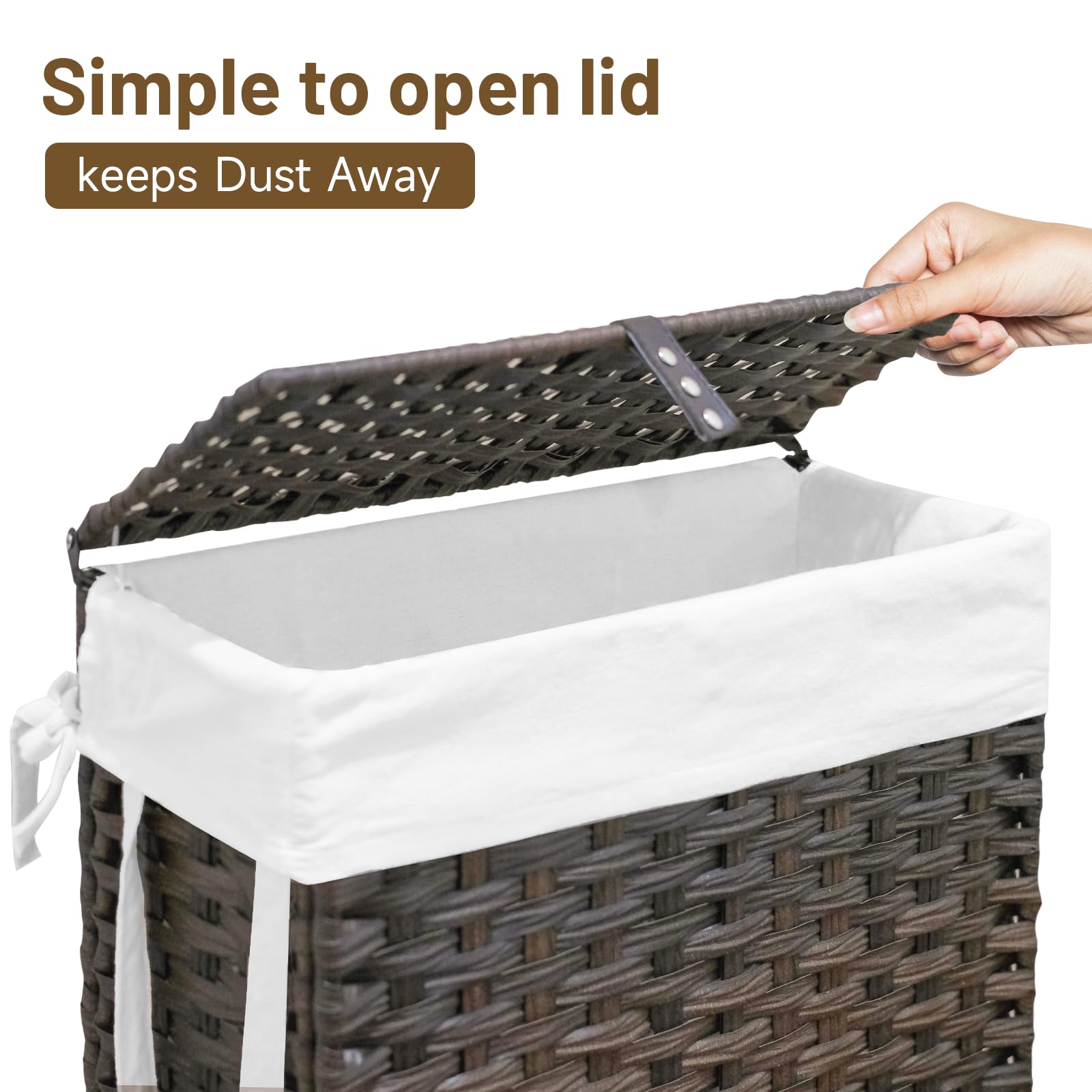 70L Slim Laundry Hamper with Lid & Wheels, 2-teiliger Rollwäschekorb mit 4 herausnehmbaren Auskleidungsbeuteln & 3 Netztaschen, schmaler schmutziger Wäschekorb, faltbarer handgewebter