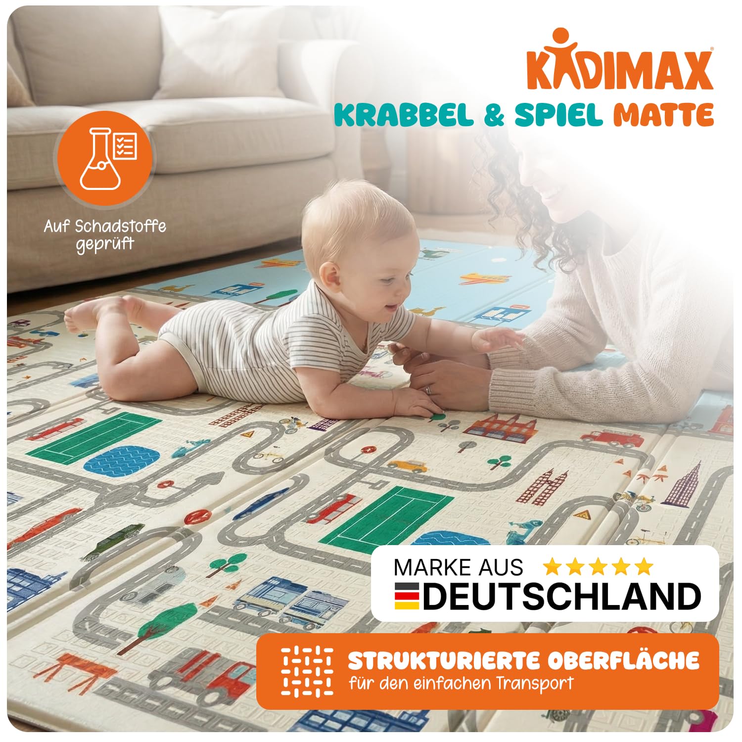 Krabbelmatte Baby & Kinder 200x180x1 cm – Faltbare Spielmatte/Spielteppich, BPA- & schadstofffrei, beidseitig, rutschfest, wasserdicht, tragbar – Spielunterlage für Innen & Outdoor, Muster 2