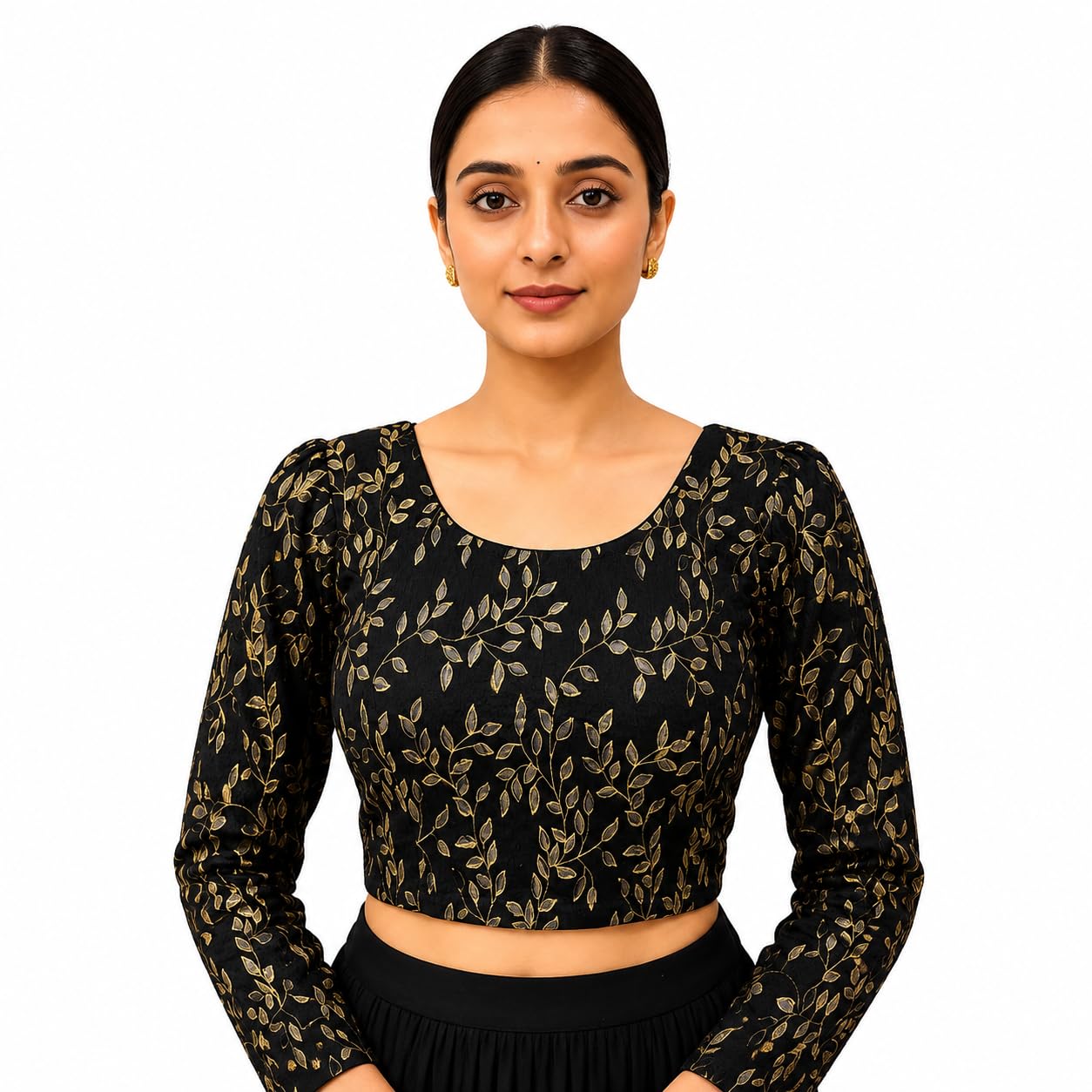 pre smart Women's Gold Leaf Print Stretchable Readymade Saree Blouse | Full Sleeve | Round Neck | Soft Comfortable Fit | Free Size 30-36 | Plus Size 38-42-picture-44