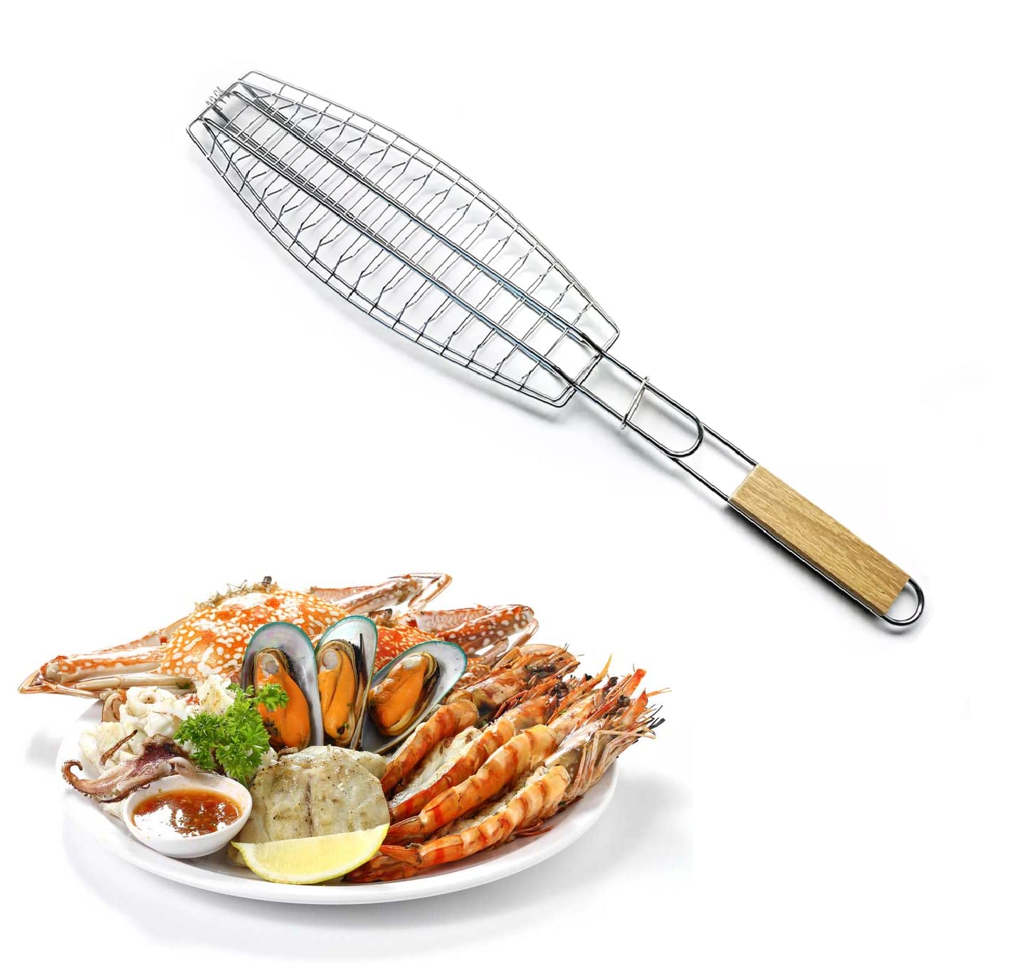 Roasting Fish Grilling Basket Vegetable With Folding Handle DIY Flexible Nonstick Outdoor Barbecue Tool Portable Chicken Burger Mesh BBQ with Wooden Handle-image-30