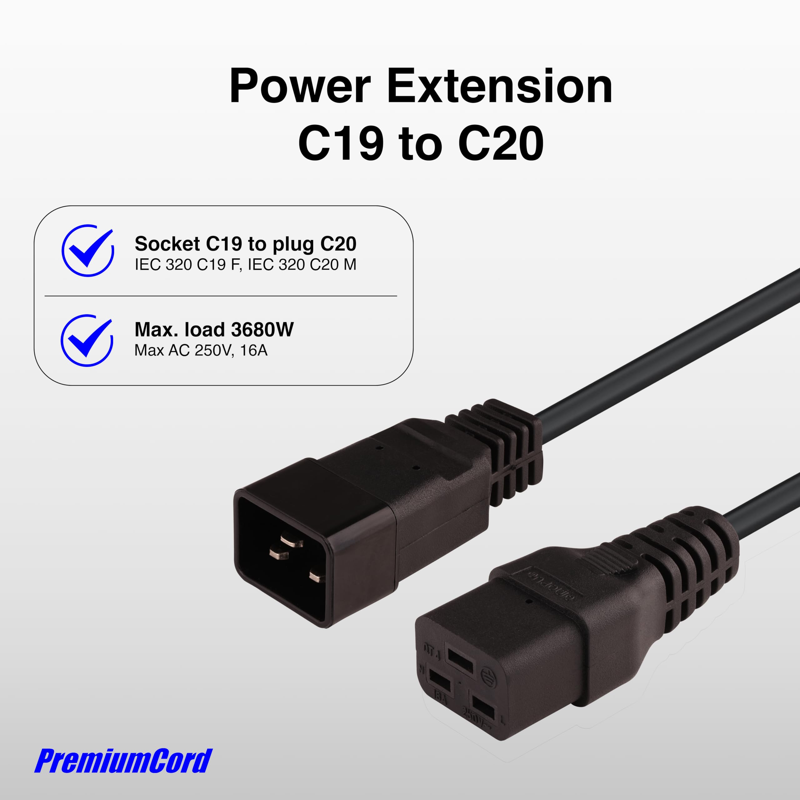 PremiumCord Przedłużacz Zasilający 230V 1,5m, Przedłużacz IEC 320, Gniazdo do Wtyczki, IEC 320 C19 do C20, Kabel Zasilający 230V 16A, Kolor Czarny
