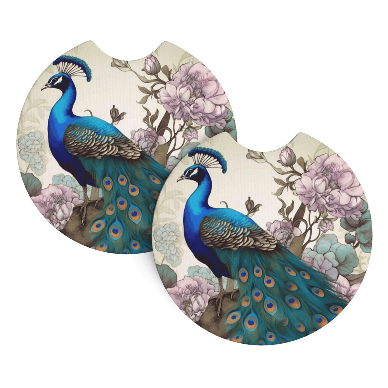 2PCS Car Coaster for Cup Holders Universal Auto Cup Mat Peacock Floral Cup Coaster Pad 2.7" Waterproof Neoprene Non-Slip Cup Holder Coasters Car Interior Accessories for Women Men