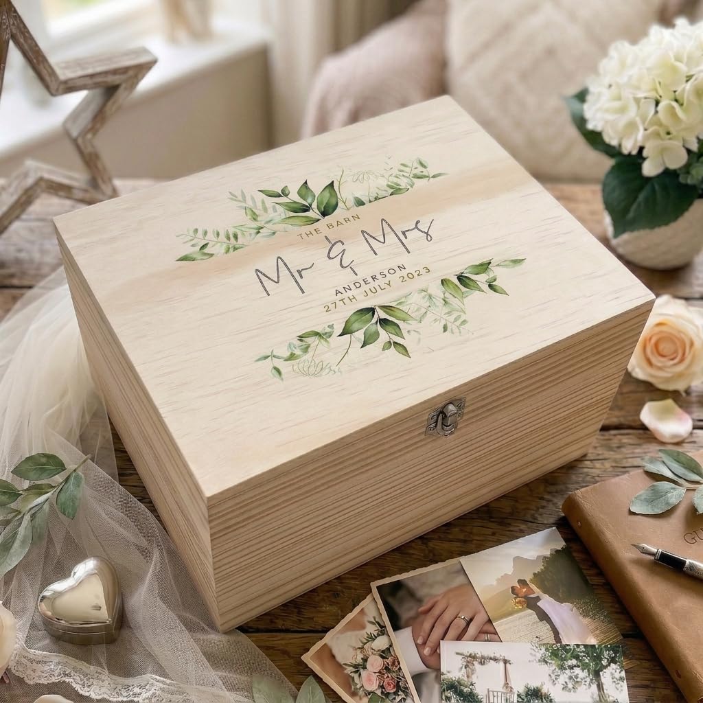Caja de recuerdos de boda botánica de madera personalizada | Regalo de boda personalizado | Lugar personalizado, nombres, apellidos y fecha | Diseño de follaje