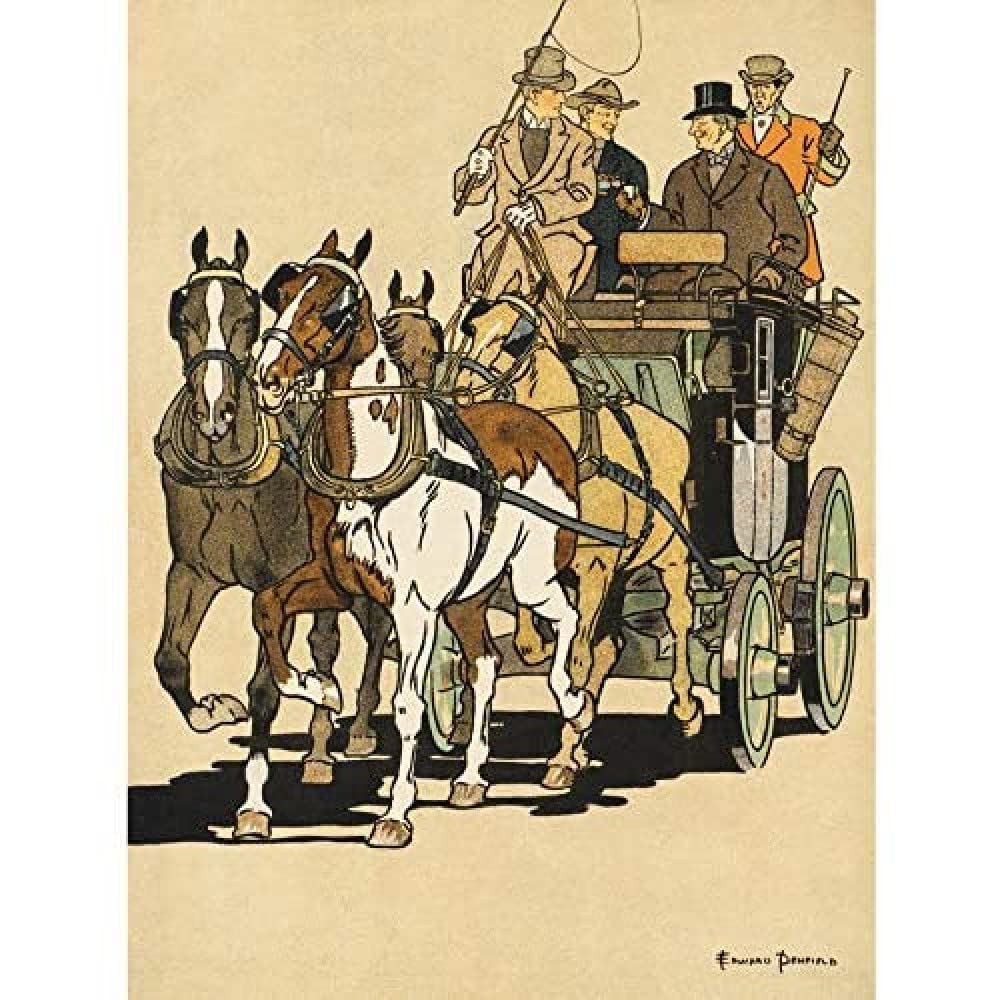 Artery8 Penfield Four Men Riding Horse Drawn Carriage Illustration Unframed Wall Art Print Poster Home Decor Premium