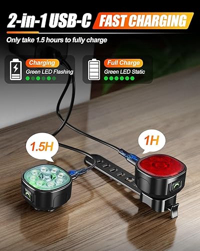 Miniatura 5 de Luces de bicicleta, 6+4 modos de luz recargable tipo C para bicicleta de noche, antideslumbramiento de alto lumen LED luces delanteras y traseras,