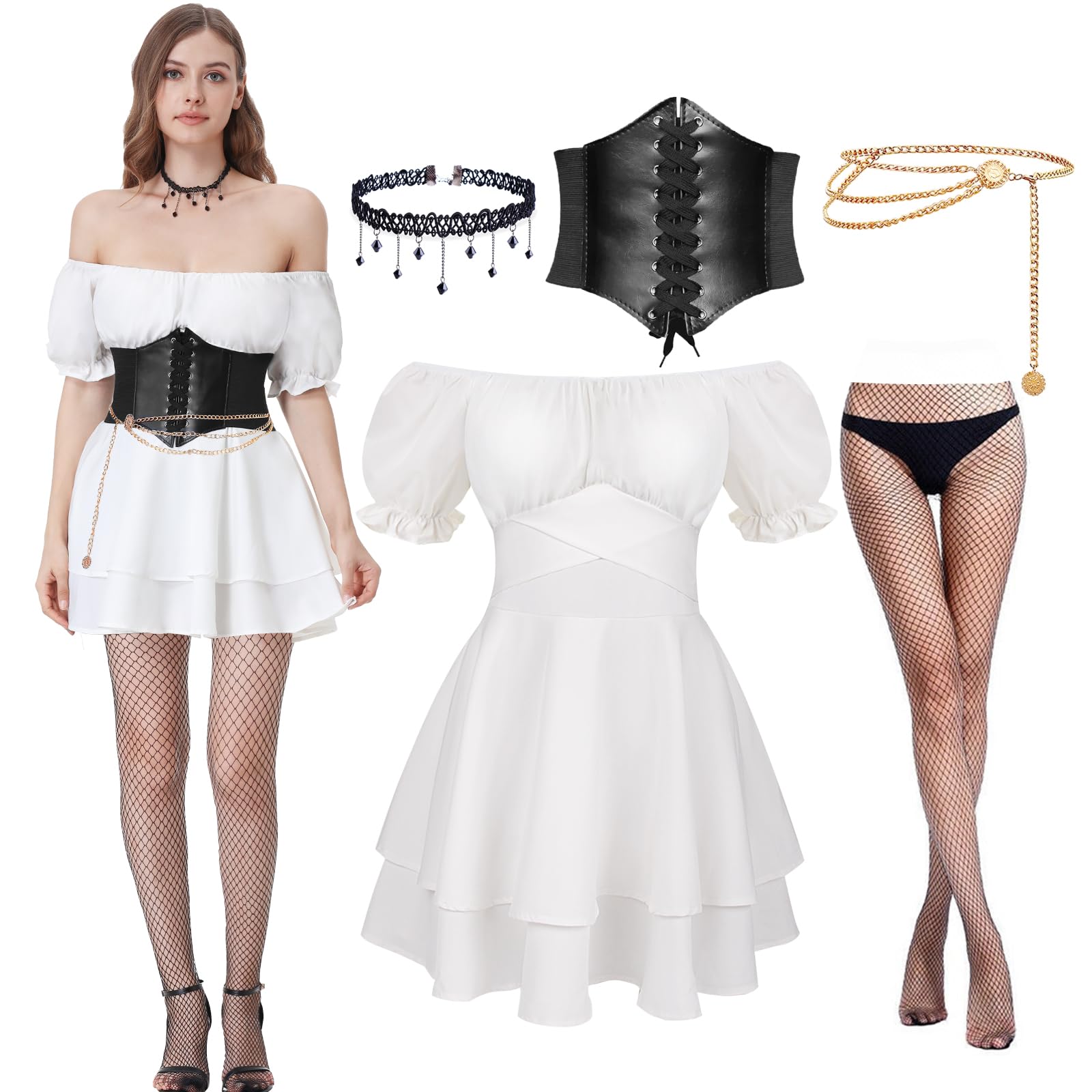 Joellfuner Vestido de Pirata, Costume Victoriano Renacentista Medievales, Disfraz Pirata Mujer con Cinturones, Cadenas de Cintura, Collares y Medias para Carnaval Halloween (Manga corta, S)