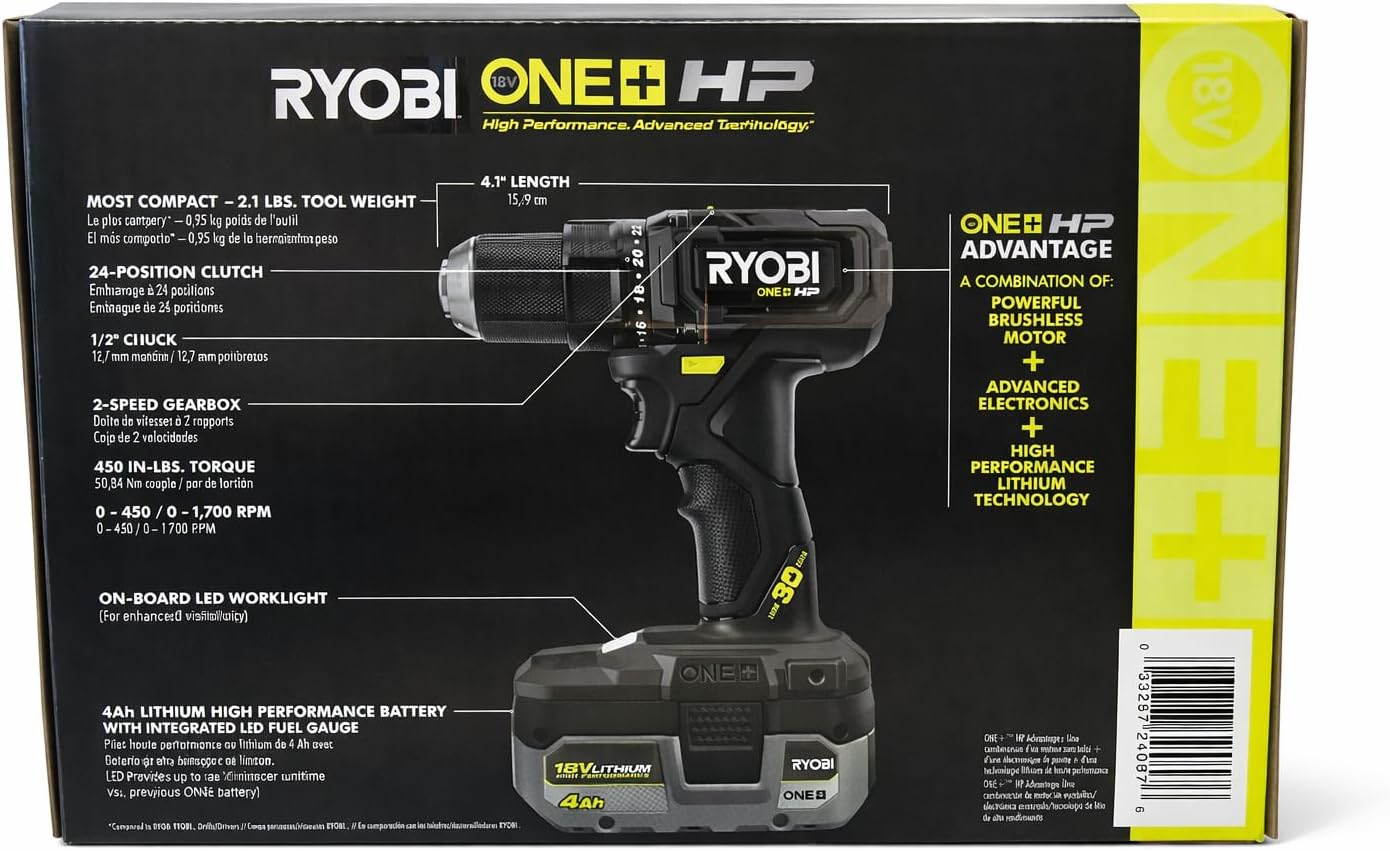 RYOBI ONE+ HP 18V Compact Brushless 1/2 inch Drill with battery installed