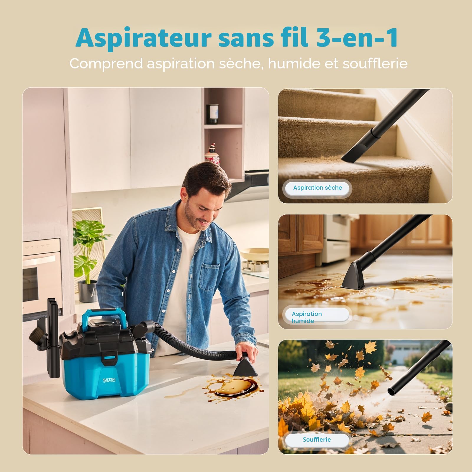 Seesii Aspirateur Eau et Poussière Batterie 8000 mAh (2x4000 mAh), Aspirateur Poussiere et Eau 10 L, avec Sangles, 4 Roues et Accessoires, Idéal pour Atelier, Chantier ou Voiture