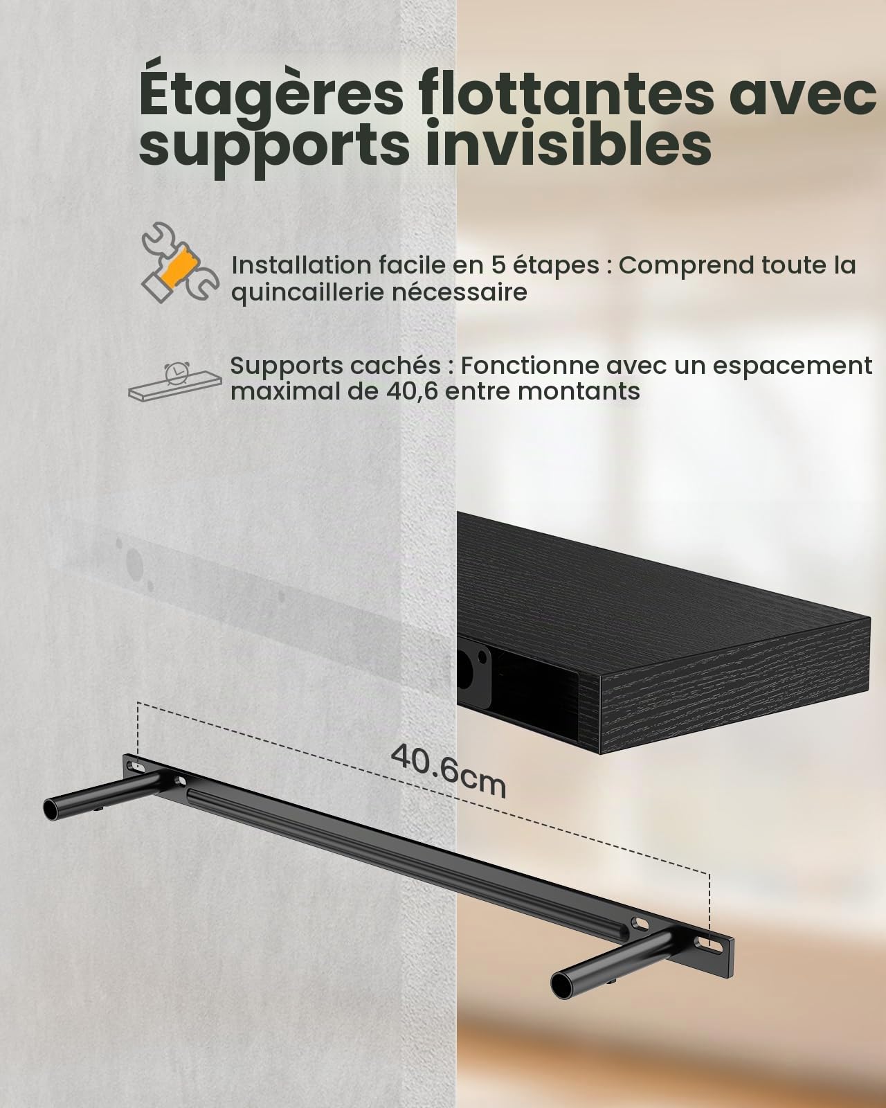 Amada Étagère Murale 60 cm avec Supports Invisibles, Lot de 2, Noirc