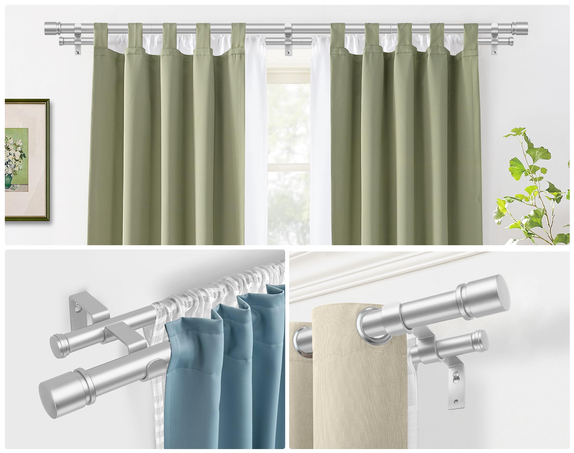 HOTOZON Barra de Cortina Doble 80-218 cm, 25 mm Diámetro Barra Cortinas Plata Extensible con Remates Clásicos, Juego de Barra de Cortina Doble para Baño, Salón, Dormitorio
