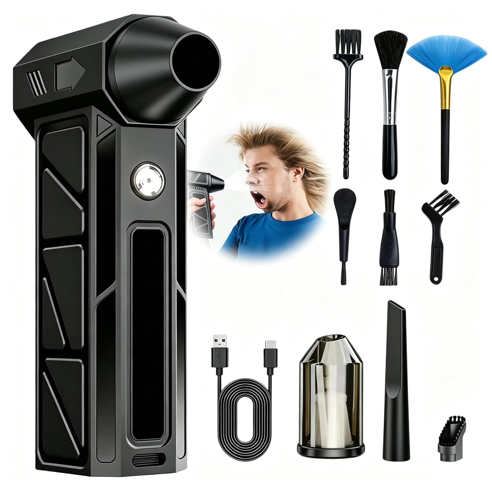 Souffleur de poussière avec 360 000 tr/min et 5 vitesses - Batterie haute performance 15-65 min - Compact et léger pour voiture, PC et maison
