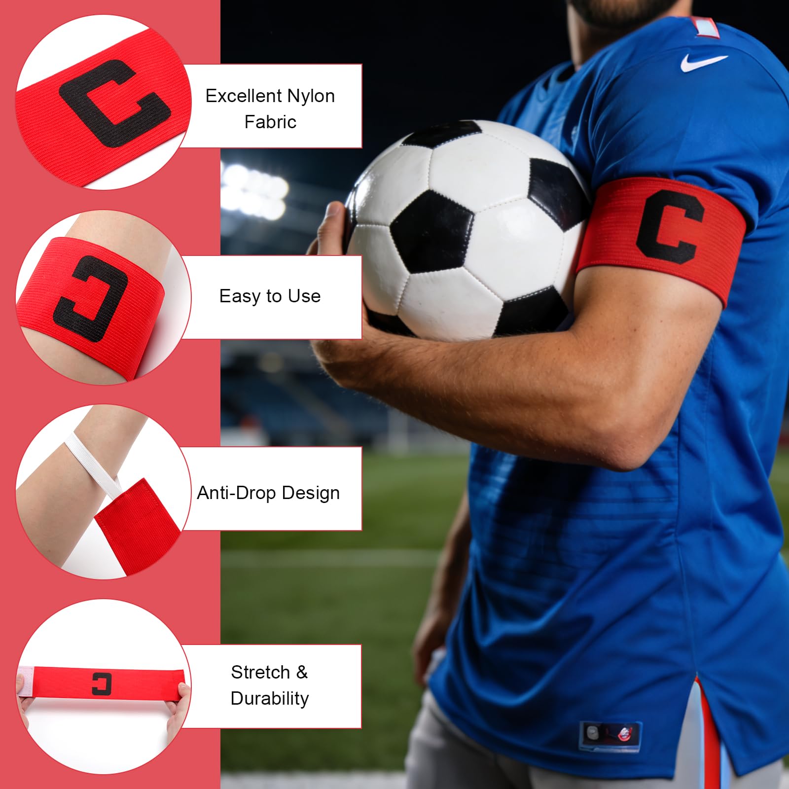 Set 3 Fasce Capitano Da Calcio Adulto 33x7 Cm | Nylon Elastico Regolabile Rosso Blu Verde Per Partite E Allenamenti