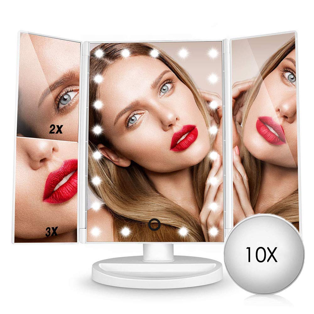 Nestling Specchio Per il Trucco Illuminato, Specchio Cosmetico per Vanità a 22 Luci a LED, Touch Screen Con Ingrandimento Triplo Ingrandimento 2X 3X 10X, Rotazione Libera di 180 °
