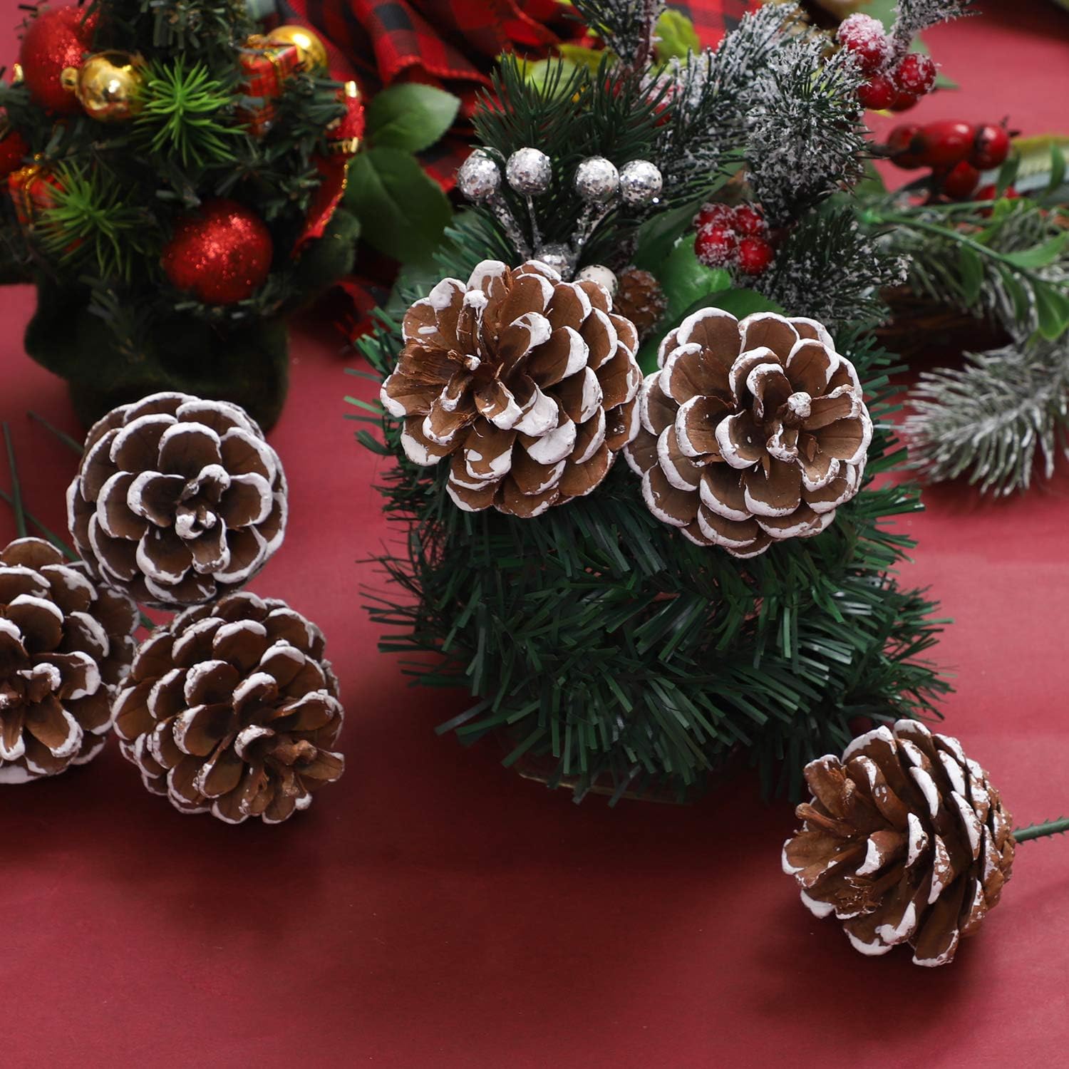Cooraby 20 Pieces 2 Inch Christmas Natural Pine Cones Snow Tipped Natural Pine Cone with 5 Inch Green Wired Pick for Christmas Tree Decoration Home Party Holiday Decor