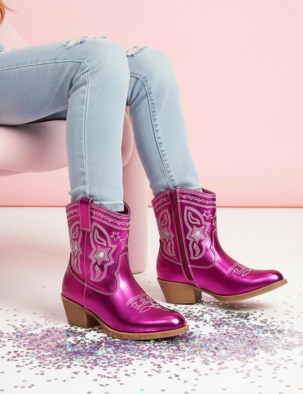 PATPAT Girls Cowgirl Boots,Embroidered Pointed Toe Cowboy Boots with Side Zipper Western Riding Shoes for Little Kid/Big Kid