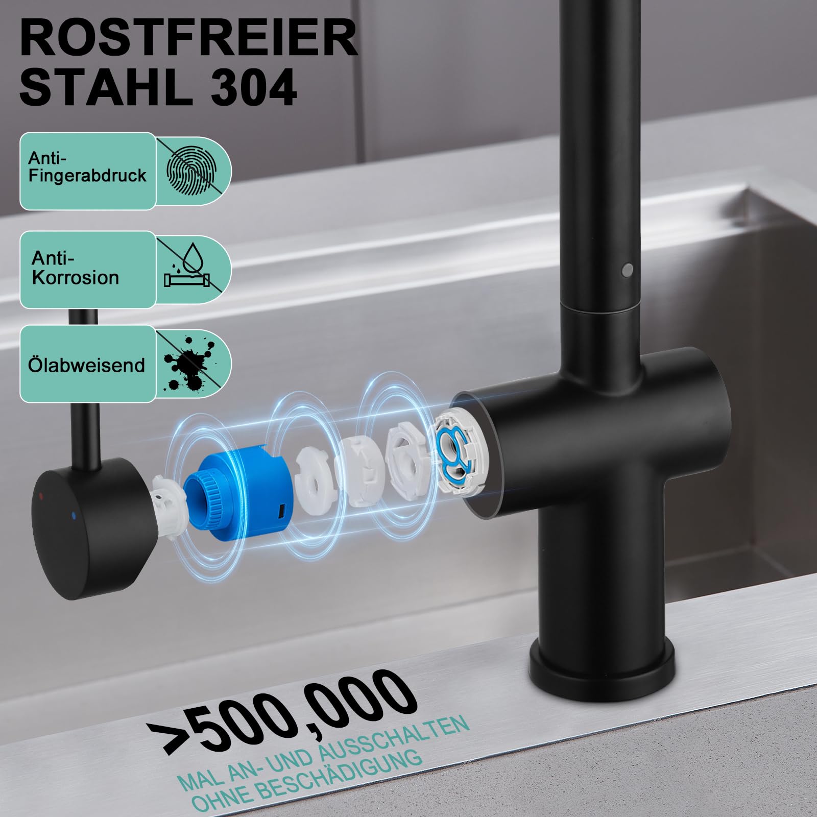 BONADE Niederdruck Armatur Küche, 360° Drehbar Spültischarmatur mit 3 anschluessen für Boiler, Wasserhahn Küche Ausziehbare Brause mit 2 Strahlarten, Edelstahl Mischbatterie Wasserhahn Küche Schwarz