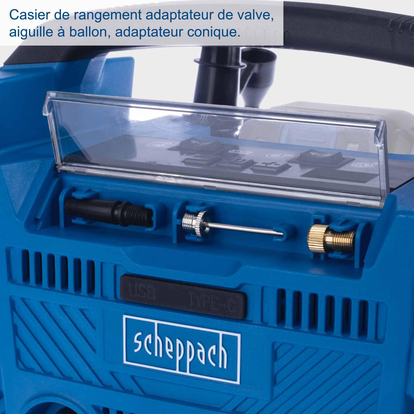 Scheppach Compresseur sans fil Airforce 6 20 V - Débit d'air 21 l/min - Tuyau haute pression 75 cm - 3 types d'entraînement - Port USB-A et USB-C - Série IXES 20 V - Avec batterie 4 Ah et chargeur 2,4