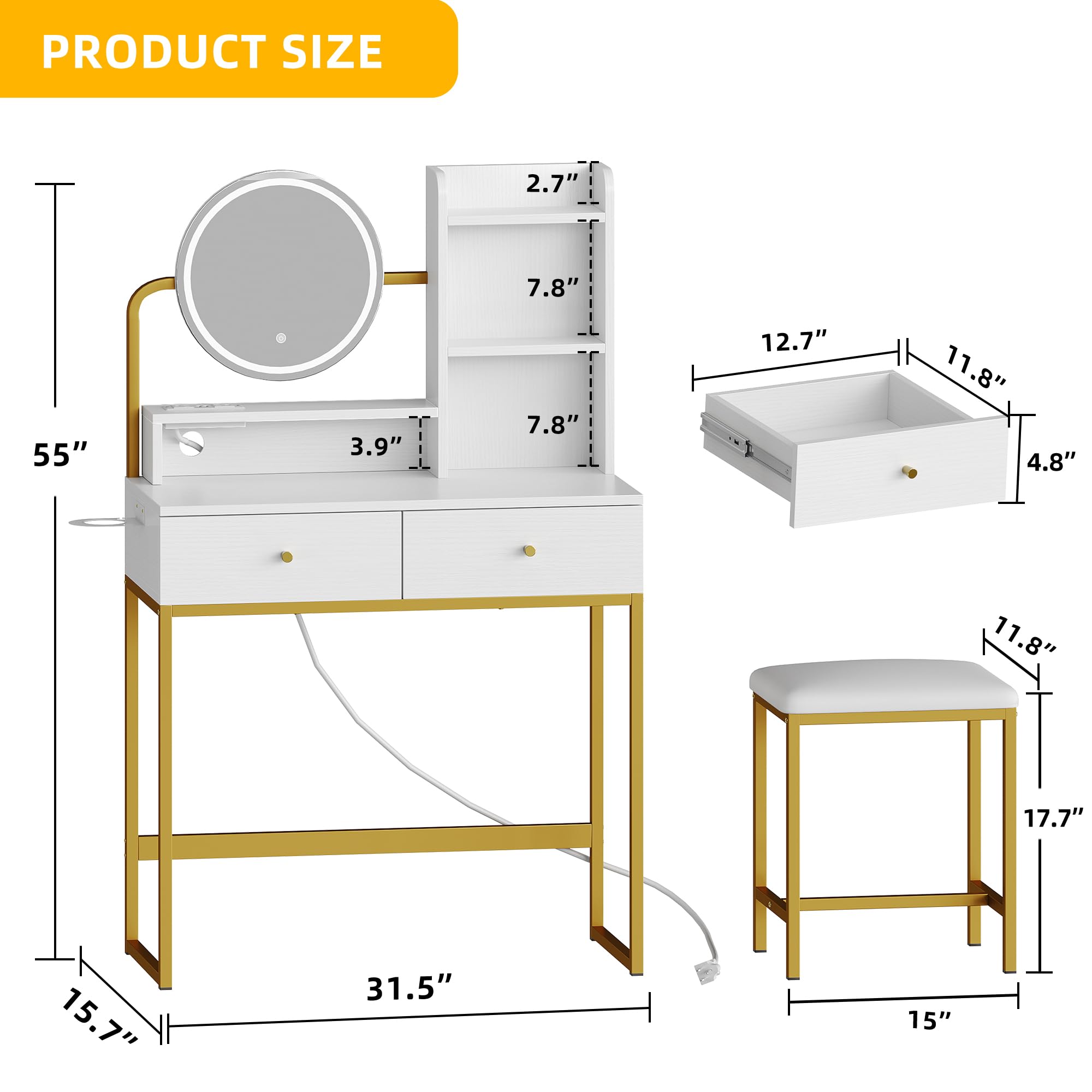 DWVO White Makeup Vanity Desk with LED Lighted Mirror, Vanity Set with Charger Station, Small Spaces Vanity Table with Drawers, Adjustable 3 Lighting Modes, Makeup Table with Chair Gift for Girl