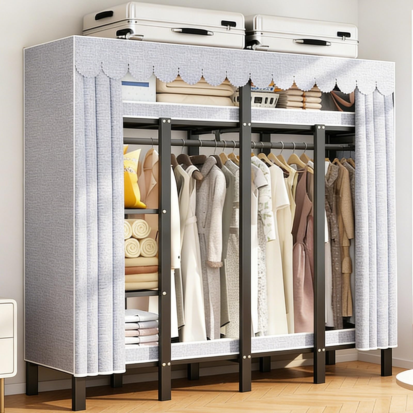 Zusammenklappbarer Kleiderschrank,Faltschrank Zum Aufhängen Von Kleidung,Tragbarer Stoffschrank Aus Metall,Einfach Stoff-Kleiderschrank,Große Faltschrank Für Schlafzimmer(145cm/57in)
