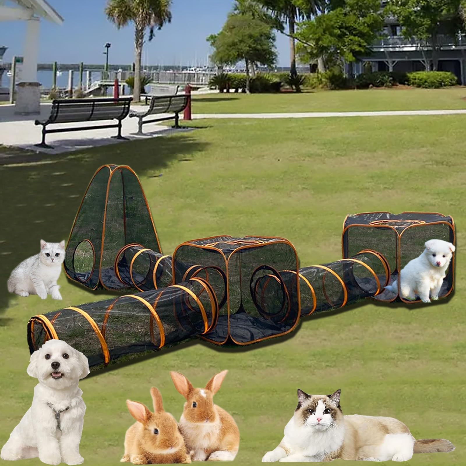 Tenda per Gatti da Esterno con Tunnel, Tenda Pop-up per Animali Domestici, Adatta per Gattini, Cuccioli, Conigli, Cani di Piccola Taglia