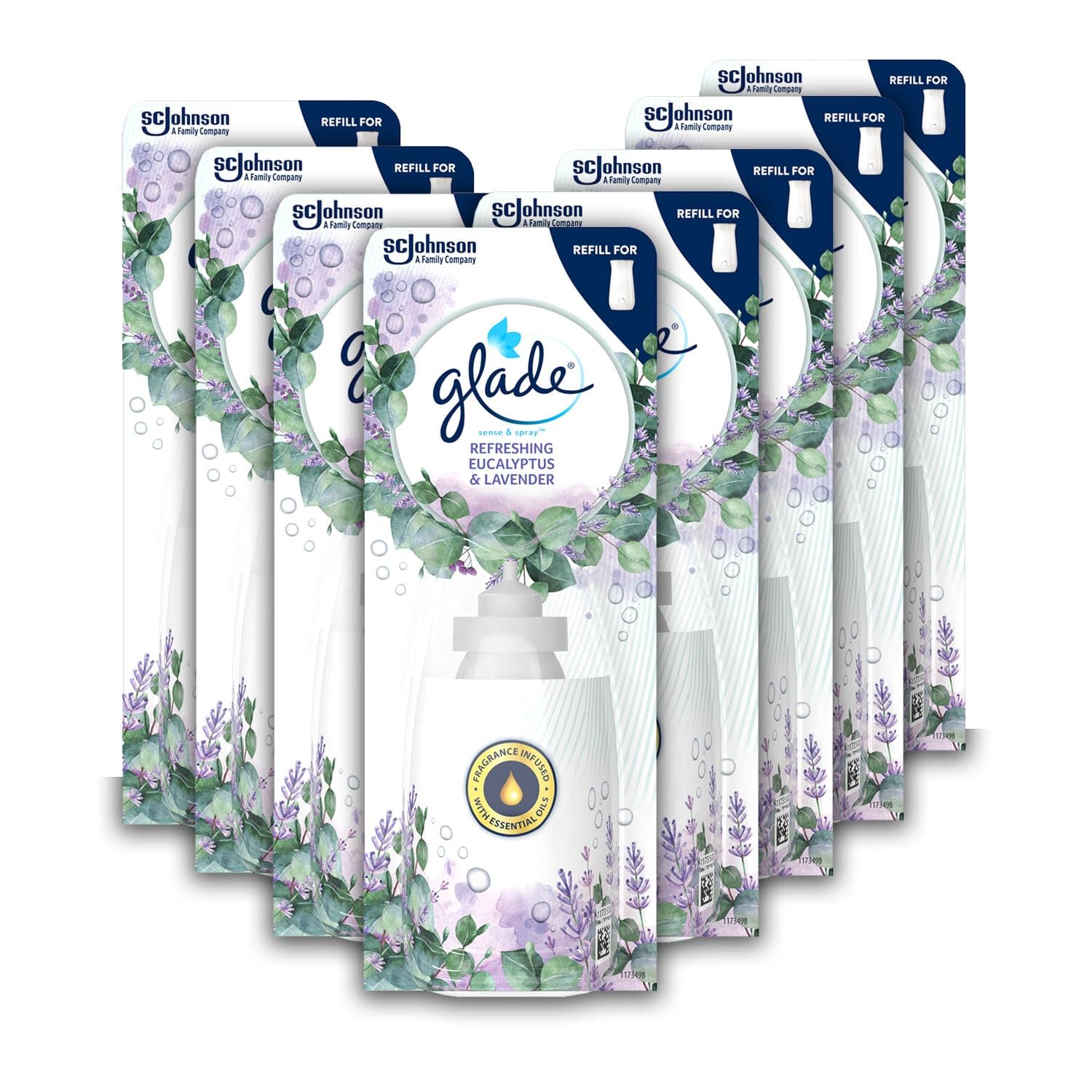 Glade Sense & Spray Air Freshener Refill, Motion Activated Automatic Room Spray and Odour Eliminator for Home, Eucalyptus and Lavender, 8 Refills (8 x 18ml)