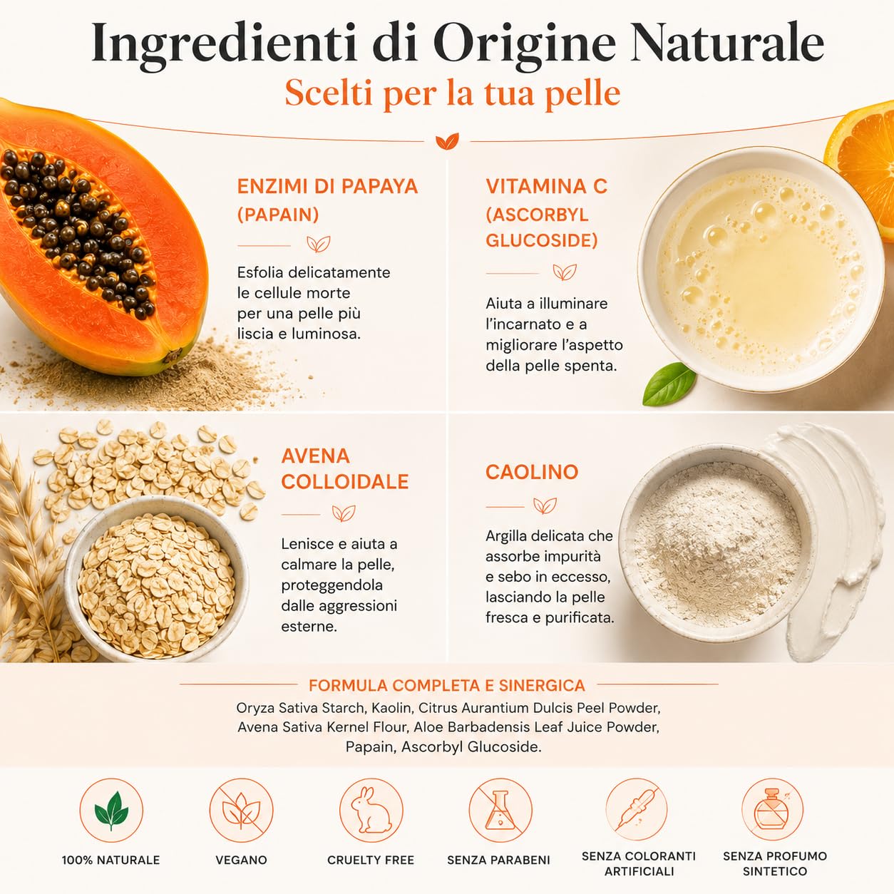 Papaya + Vitamina C - Polvere detergente enzimatico viso 50 g | Esfoliante naturale illuminante con enzimi di papaia, avena colloidale, caolino e buccia d'arancia | 100% naturale e vegano