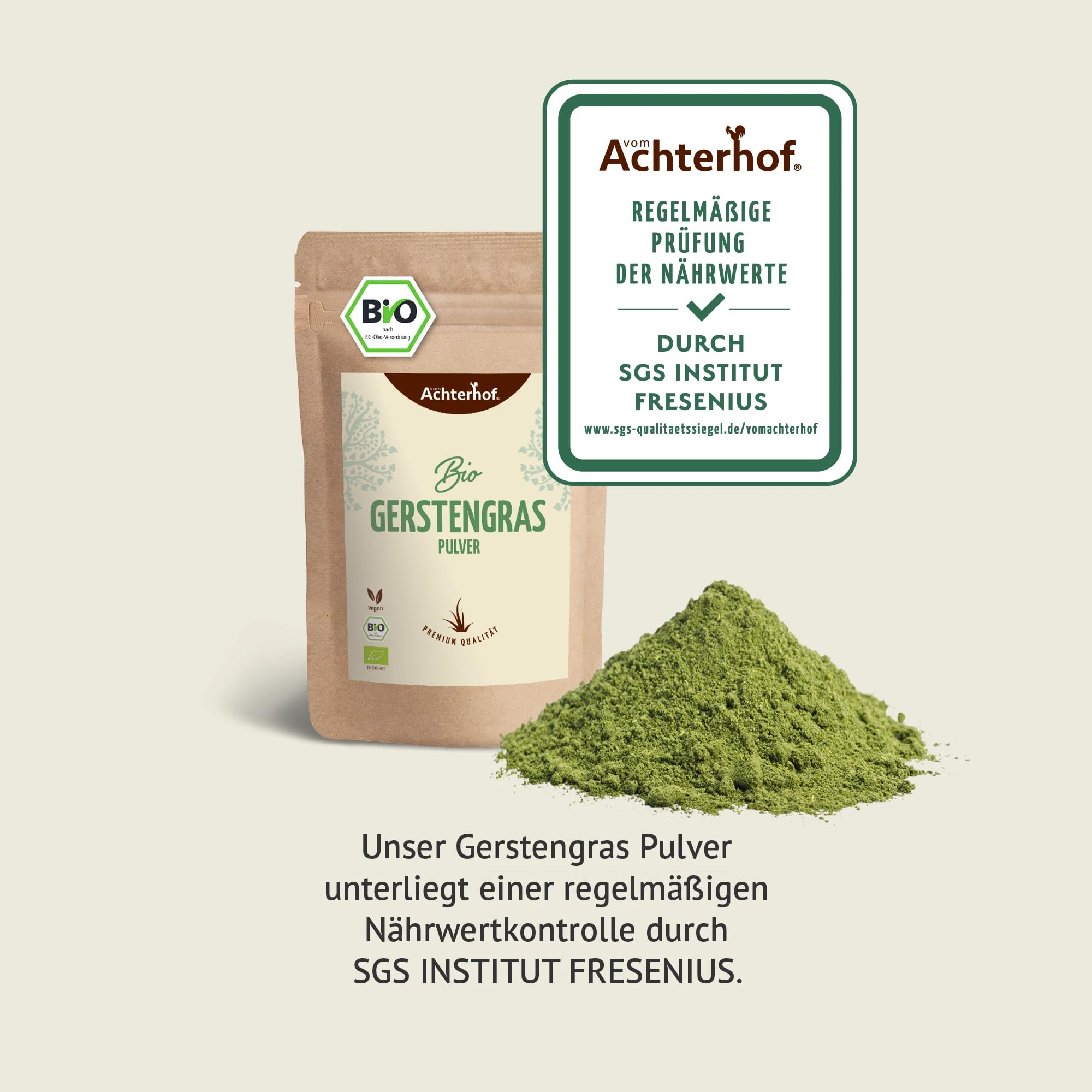 Erba d'orzo in polvere BIO (500g) | Da coltivazione tedesca | Qualità alimentare grezza | Residui controllati | vom-Achterhof