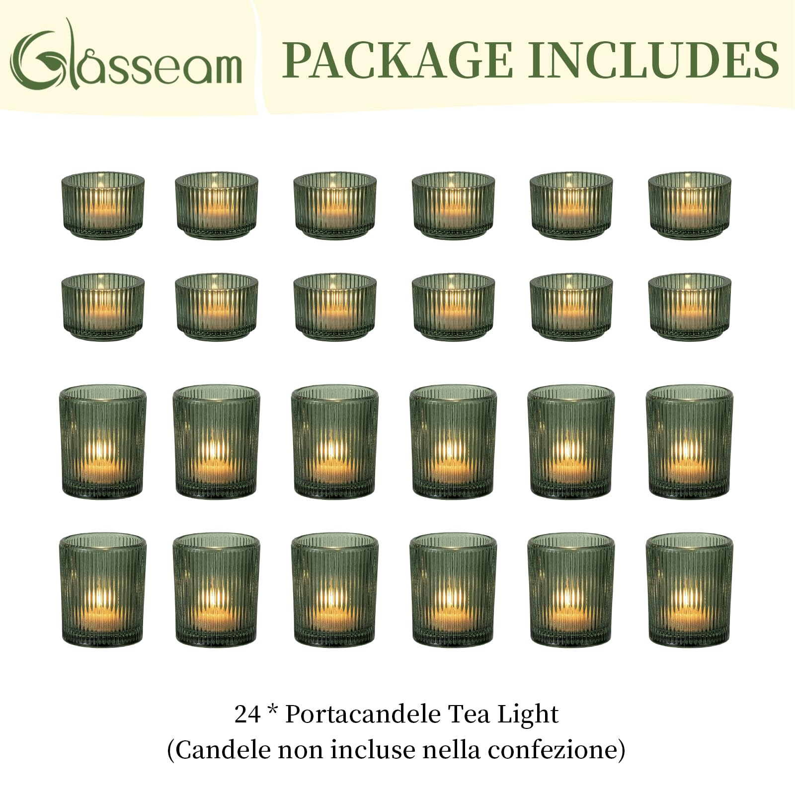 Glasseam Portacandele In Vetro Verde: Set Di 24 Portacandele Per Tealight, Portacandeles A Coste Per Centrotavola, Piccoli Portacandeles Per Natale, Matrimoni, Feste, Decorazioni Per La Casa