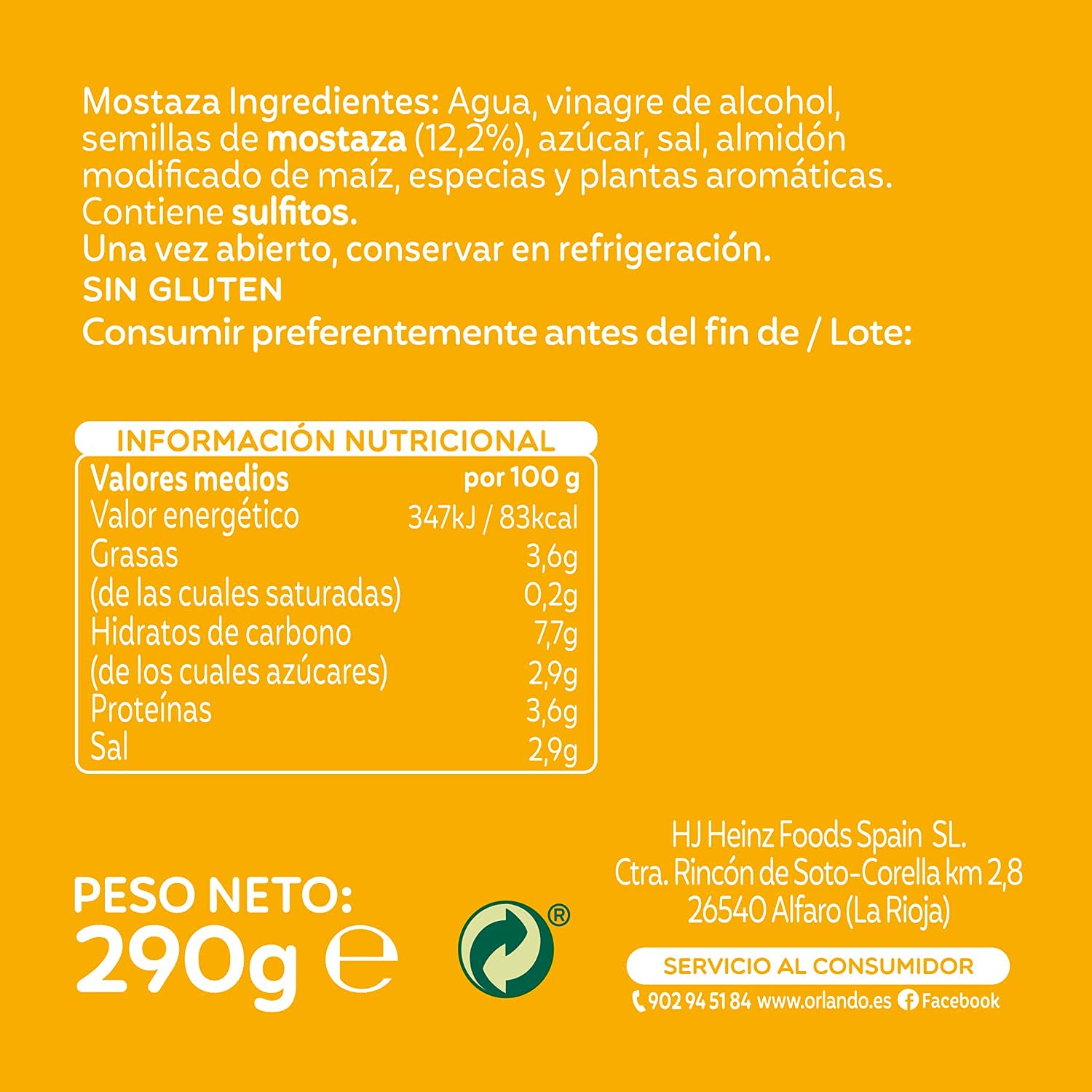 ORLANDO Salsa Mostaza Barrilito 290g sin Gluten