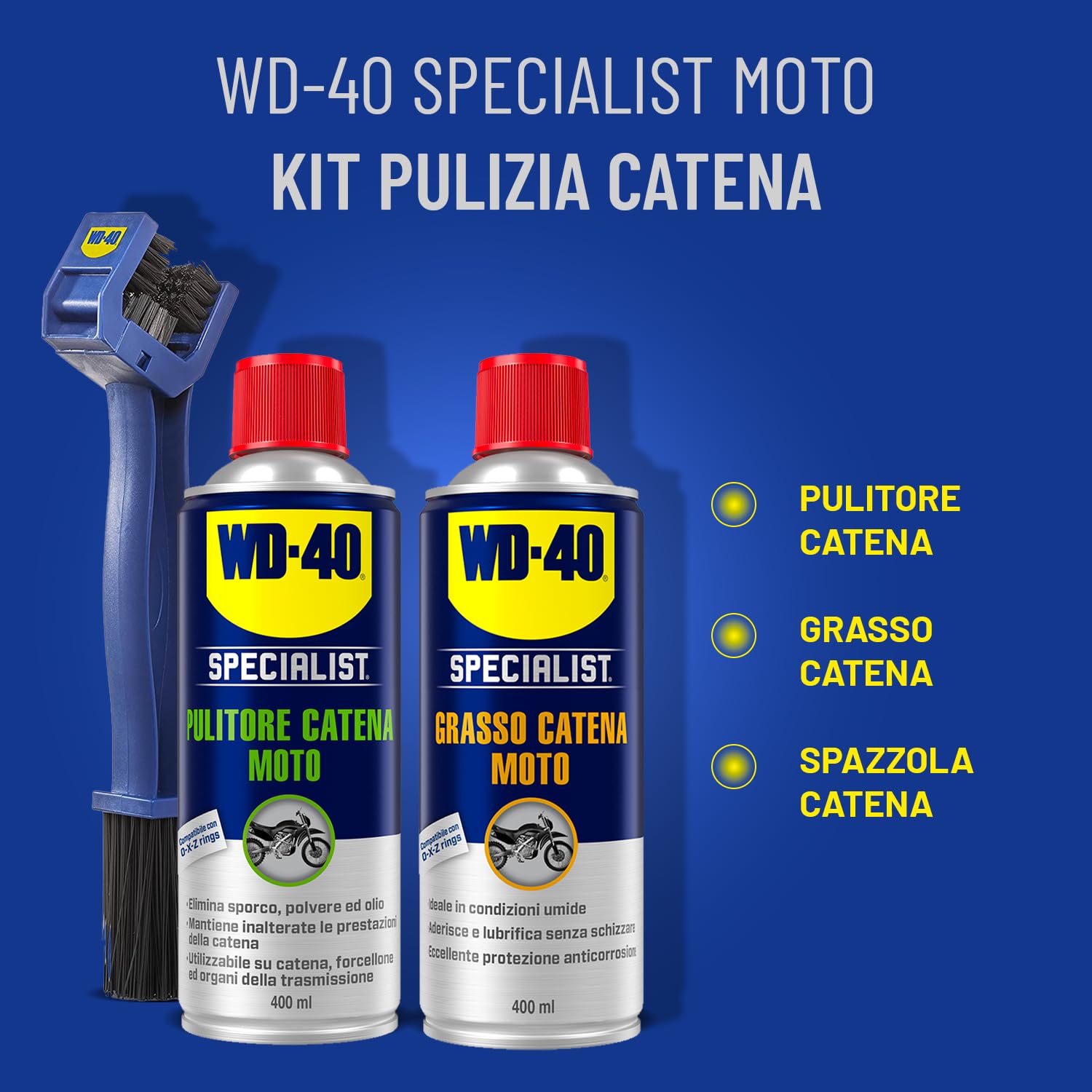 WD-40 - Specialist - Wartungskit für Motorradketten - 1 Reiniger Spray 400 ml + 1 Kettenfett für Motorradketten für feuchte Bedingungen, Spray 400 ml + eine 4-seitige Bürste für die Reinigung der