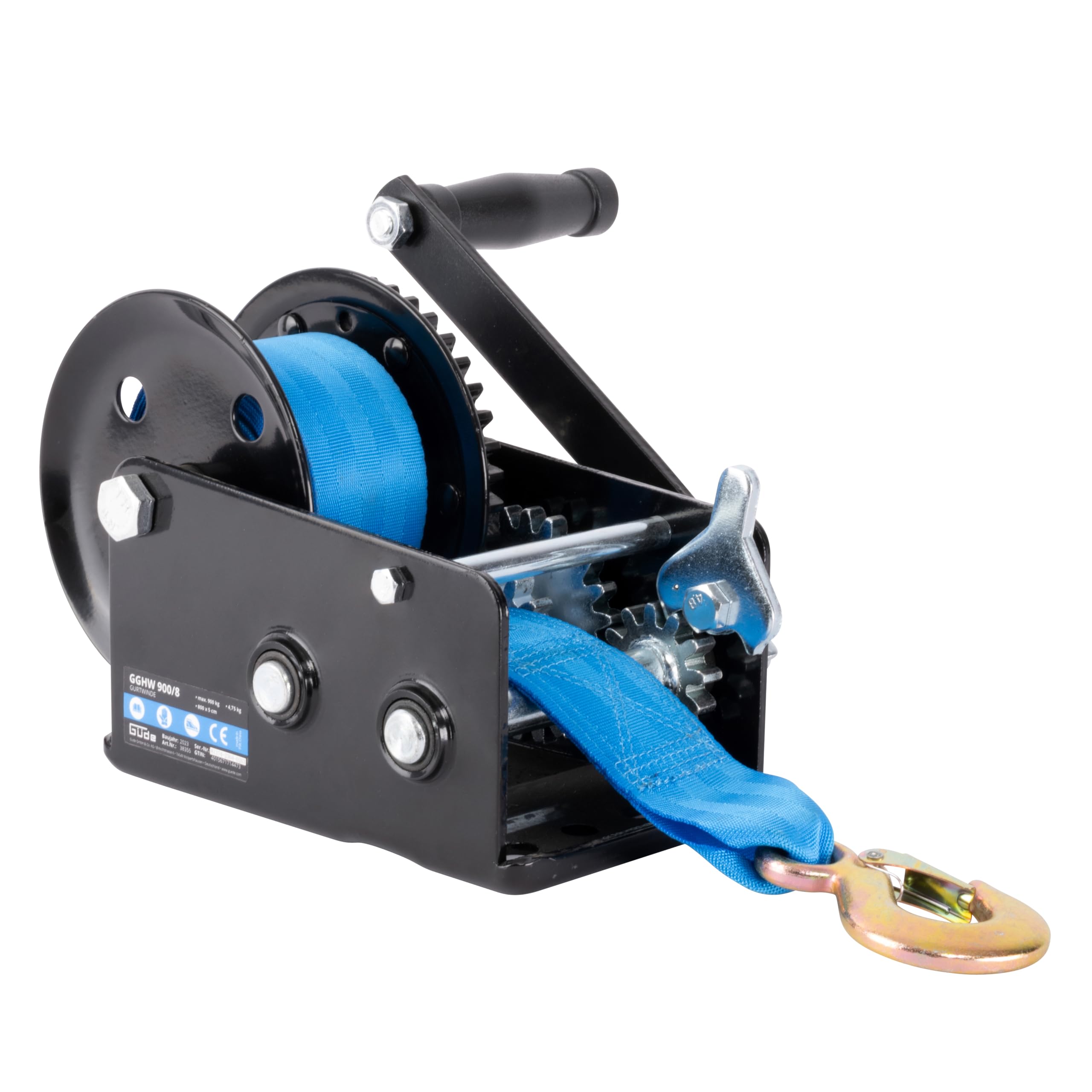 Güde Cabrestante GGHW 900/8 (900 kg de fuerza de tracción, 8 m de longitud de la correa, 5 cm de ancho de la correa, gancho de carga con apertura de gota, palanca de bloqueo, manivela con mango suave,