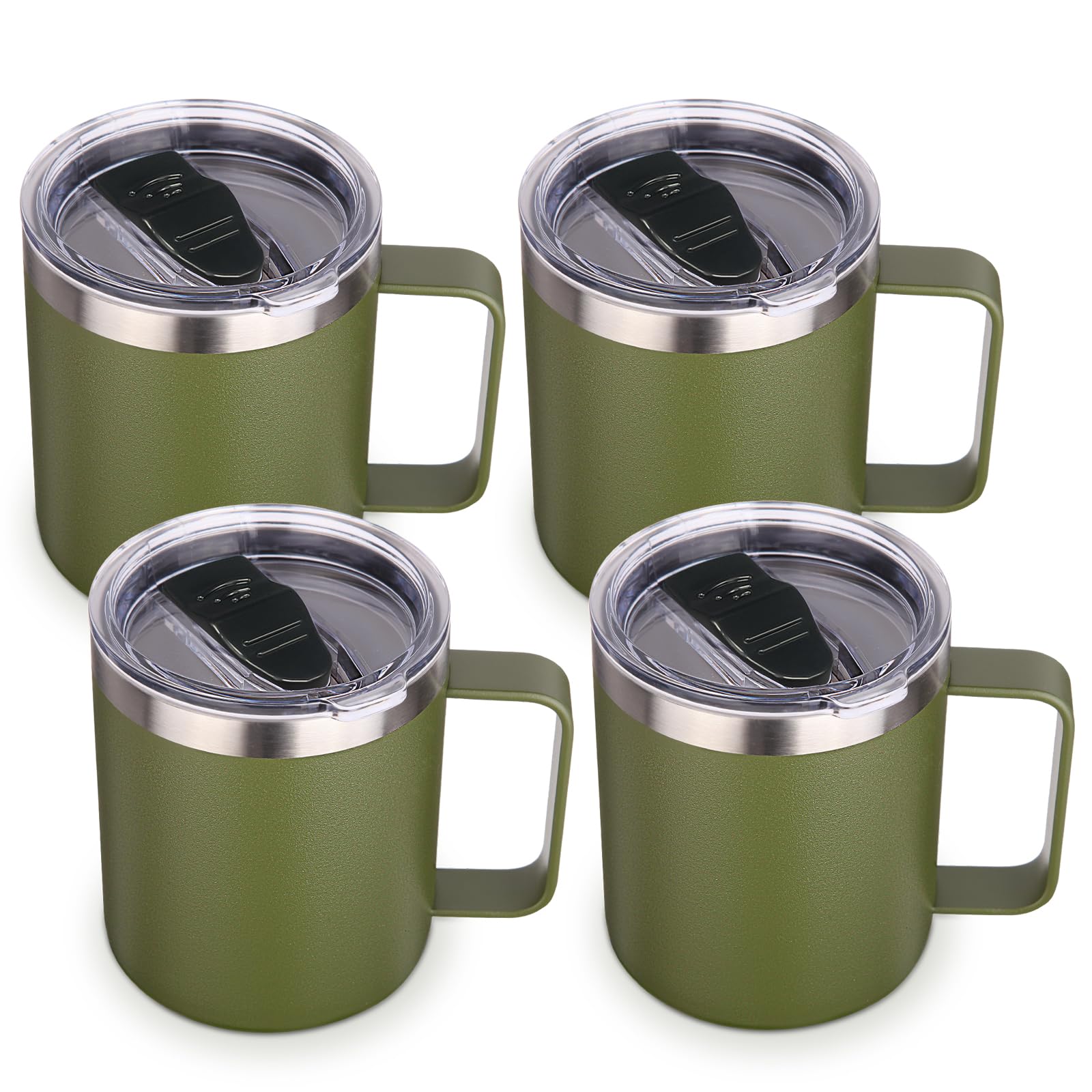 Volhoply 14oz Insulated Stainless Steel Coffee Mug with Lid Bulk 4 Pack,Double Wall Vacuum Travel Coffee Cup with Handle,Reusable Metal Tumbler,Camping Mugs Keep Hot,Christmas Gifts(Army Green,4)