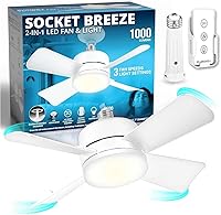Vista 11 de Bell+Howell Socket Breeze Deluxe, pequeño ventilador de techo con luz LED y mando a distancia, velocidades y brillo ajustables, ventilador de luz